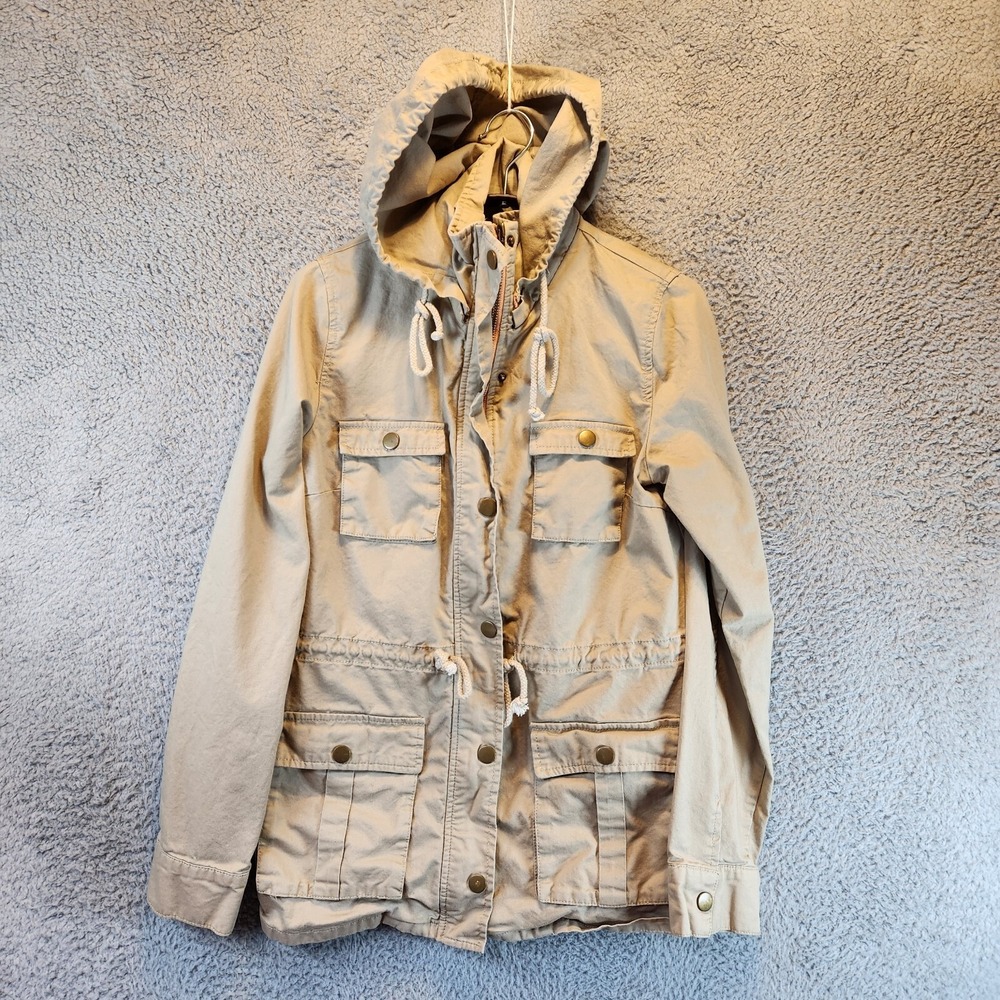Market & Spruce Utility Jacket Women Medium Beige Cotton Pockets Hooded Full Zip